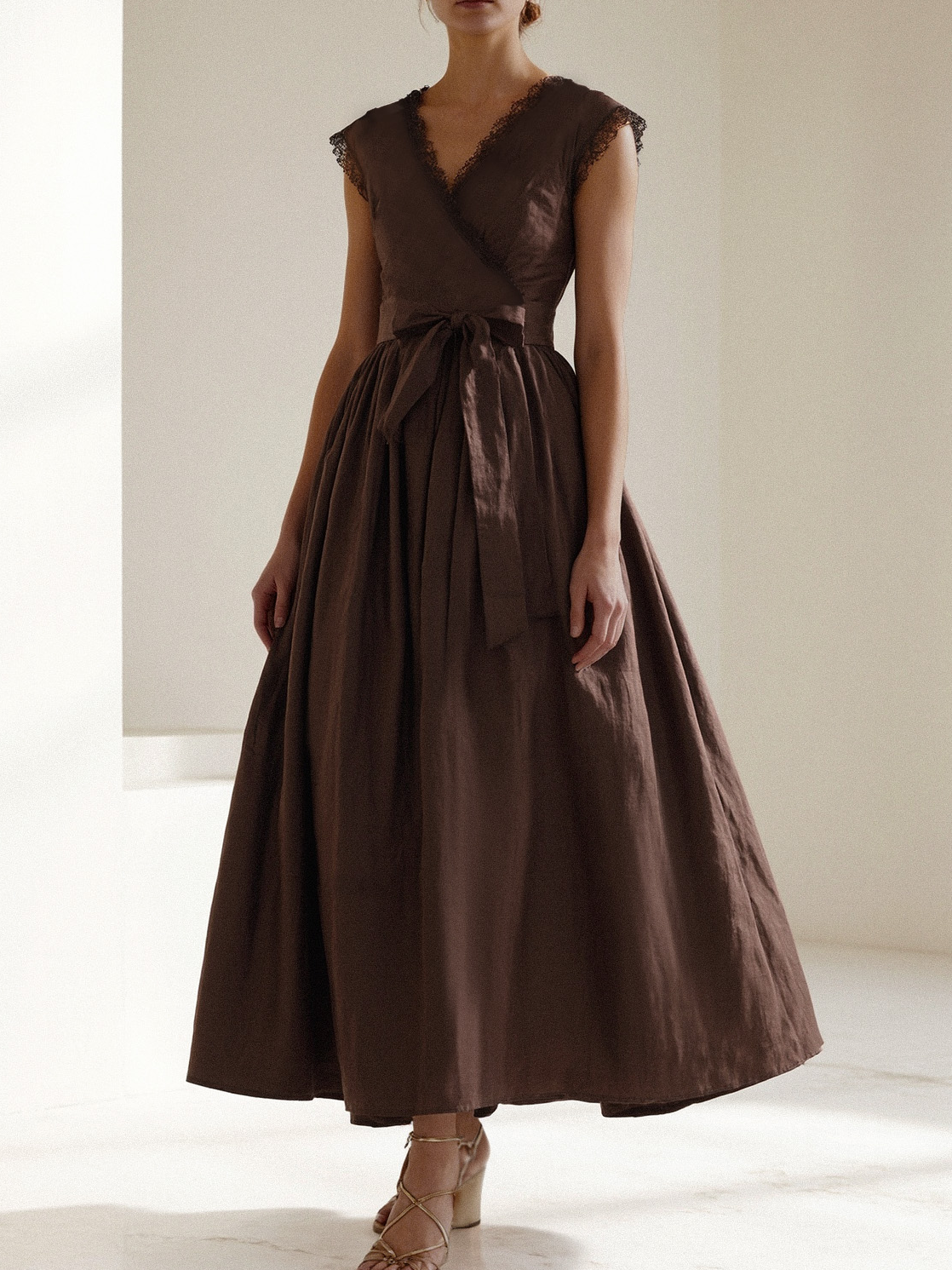 Linen Maxi Dress, Short Sleeve, Lace Collar, Plain, Vintage, CAMEO BROWN