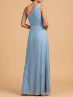 Light Blue Tulle One Shoulder Sleeveless A-Line Gown Dress
