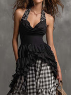 Bohemian Vacation Halter-Neck Patchwork Gingham Maxi Dress
