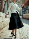Midi Linen Skirt Set, Long Sleeves, Lapel Collar, Plain, Button Design, Vintage, White