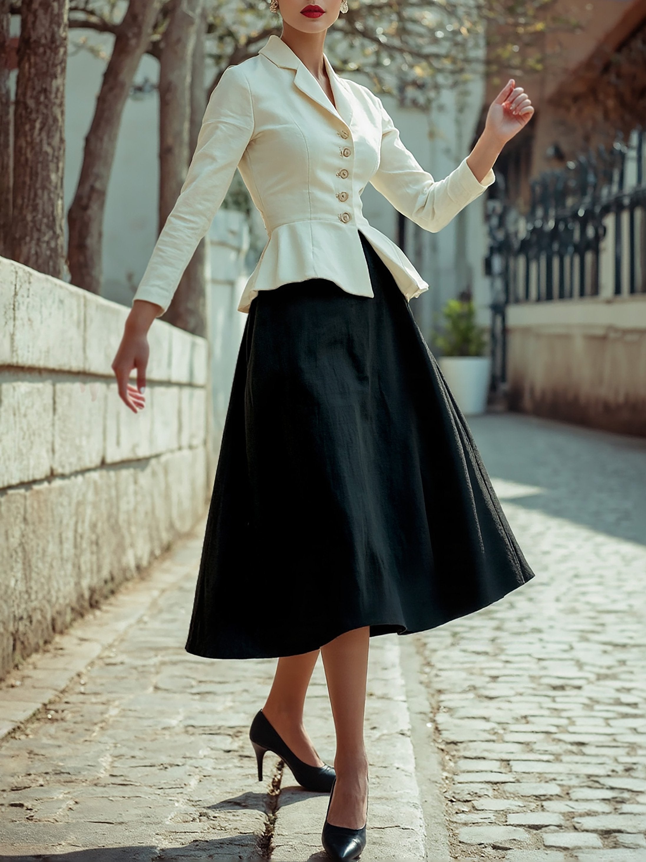 Midi Linen Skirt Set, Long Sleeves, Lapel Collar, Plain, Button Design, Vintage, White
