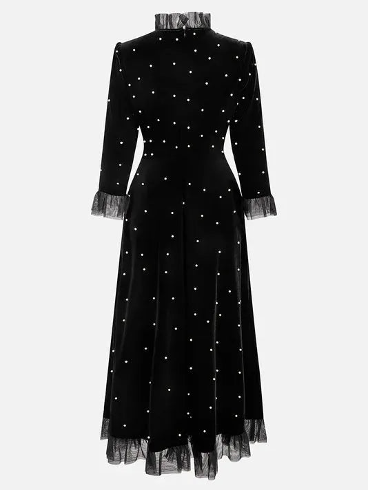 Black Beaded Ruffled Mock Neck Three Quarter Sleeve A-Line Maxi Velvet Dress
