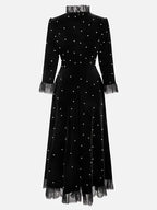 Black Beaded Ruffled Mock Neck Three Quarter Sleeve A-Line Maxi Velvet Dress
