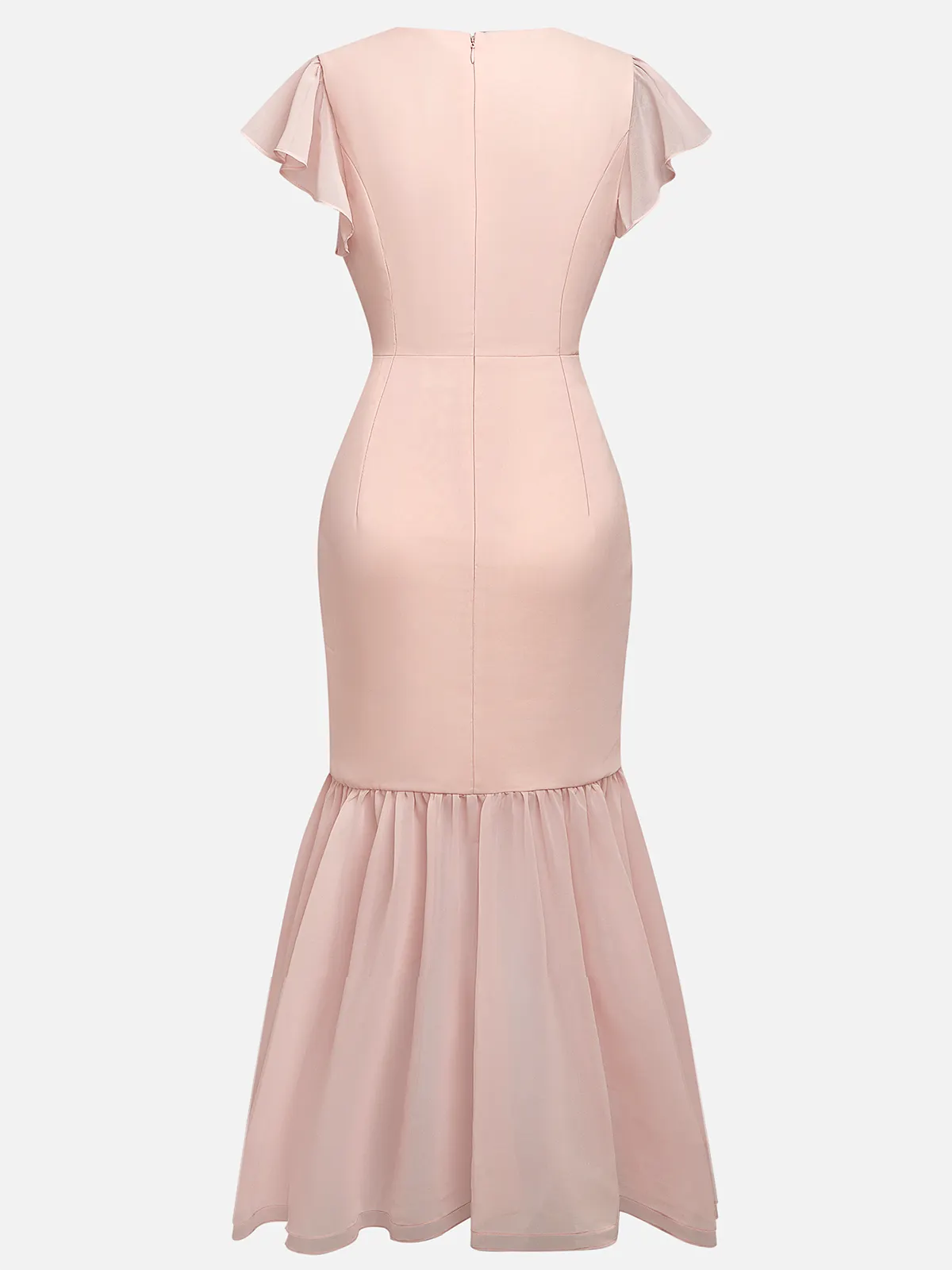 Pink Shirred Ruched Chiffon Lotus Leaf Collar Cap Sleeve Ruffle Sleeve Mermaid Midi Dress