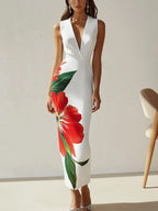 Elegant White Sleeveless Dress with Side Floral Print