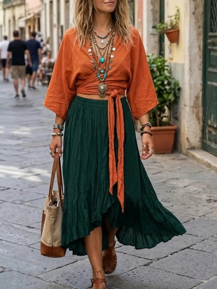 Bohemian Lace-up Linen And Cotton Top And Skirt Two-piece Set