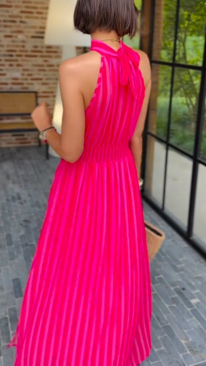 Striped Halter Pleated Maxi Dress