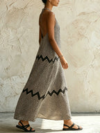 Black & Beige Chevron Print Halter Neck Maxi Dress