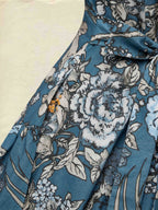 Maxi Linen Dress, Long Sleeves, Round Neck, Floral, Ruffles, Vintage, Deep Blue