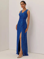 Blue Ruched Sequin V Neck Sleeveless A-Line Maxi Mother of the Bride or Groom Dress