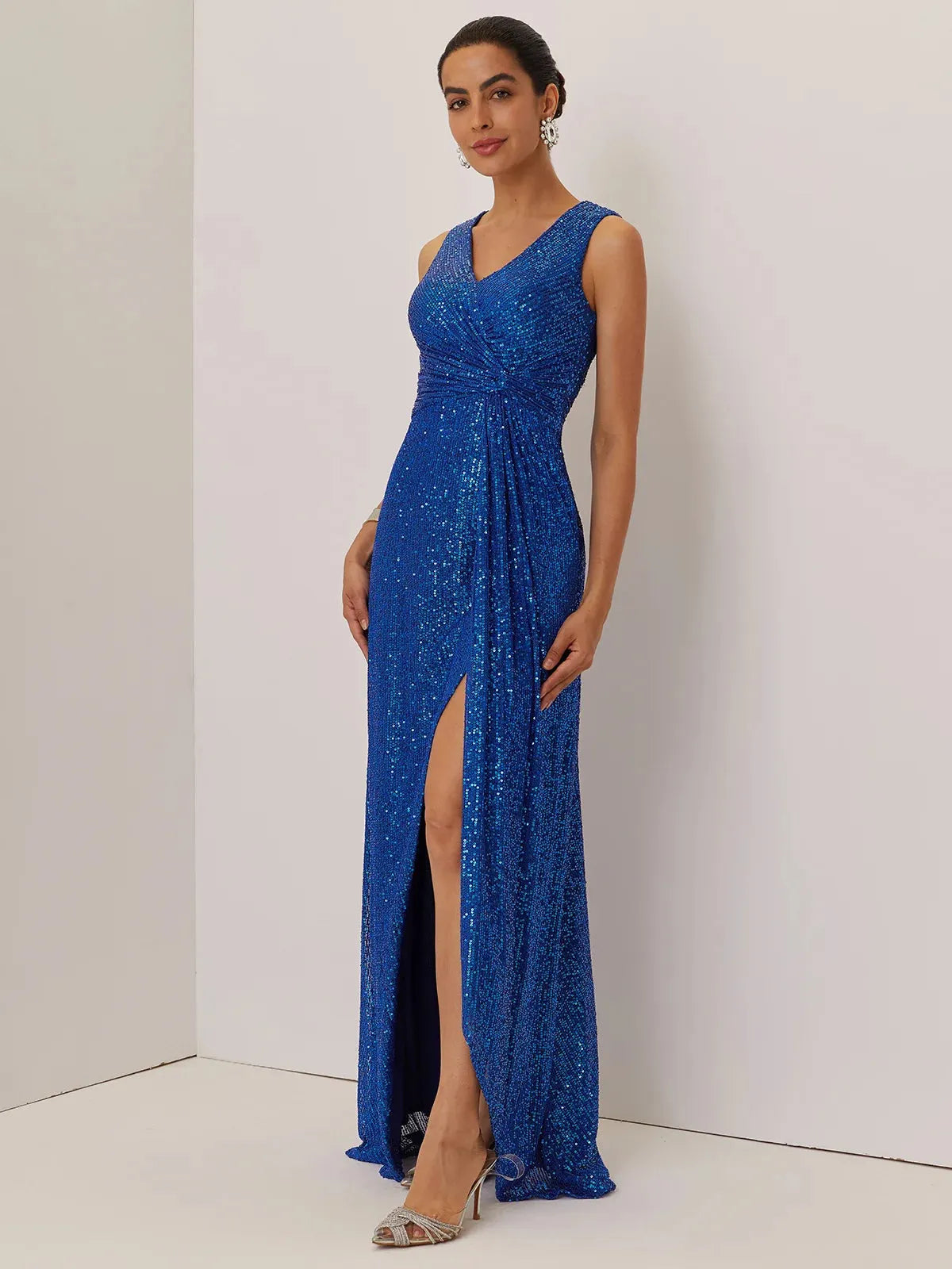Blue Ruched Sequin V Neck Sleeveless A-Line Maxi Mother of the Bride or Groom Dress