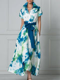 Collared Short Sleeve Watercolor Print Midi Dress