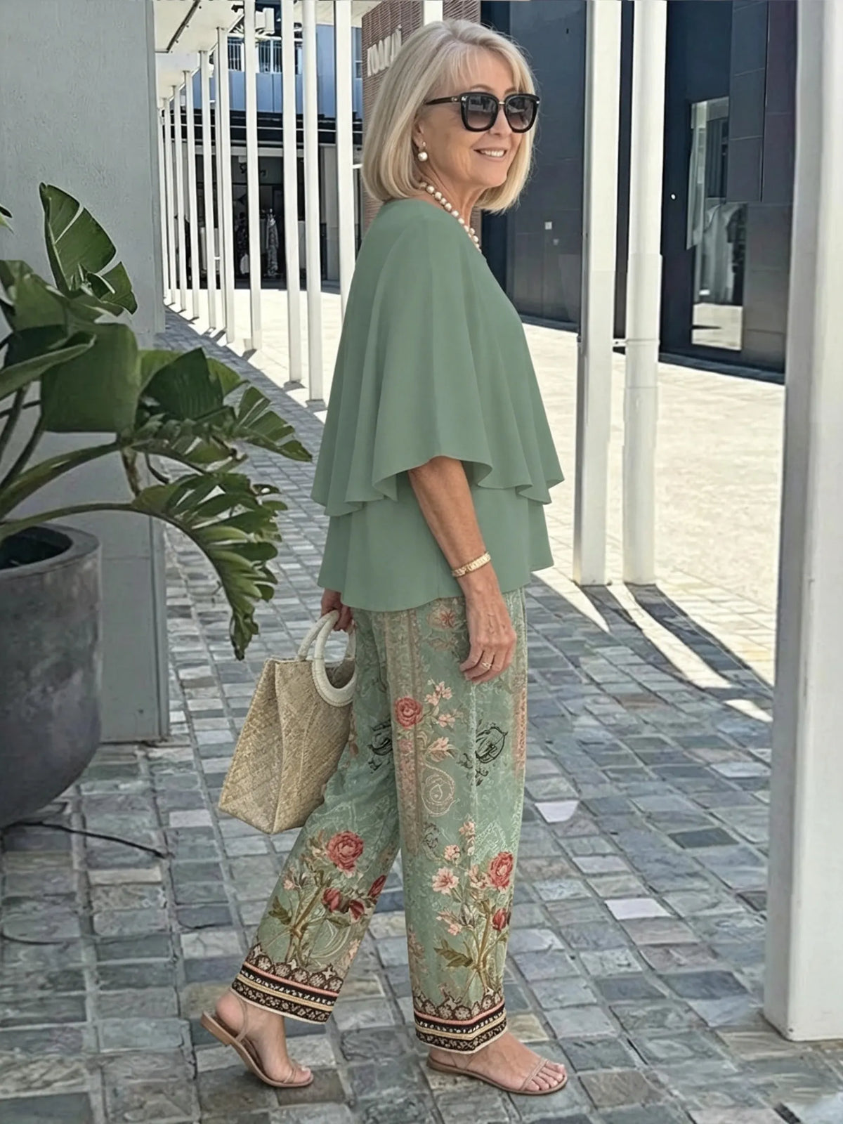 Women's 2 Piece Outfits Set, Crew Neck Flutter Sleeve Layered Blouse & Leaf Print Straight Leg Pants, Casual Loose Matching Two Piece Set for Summer Daily Wear