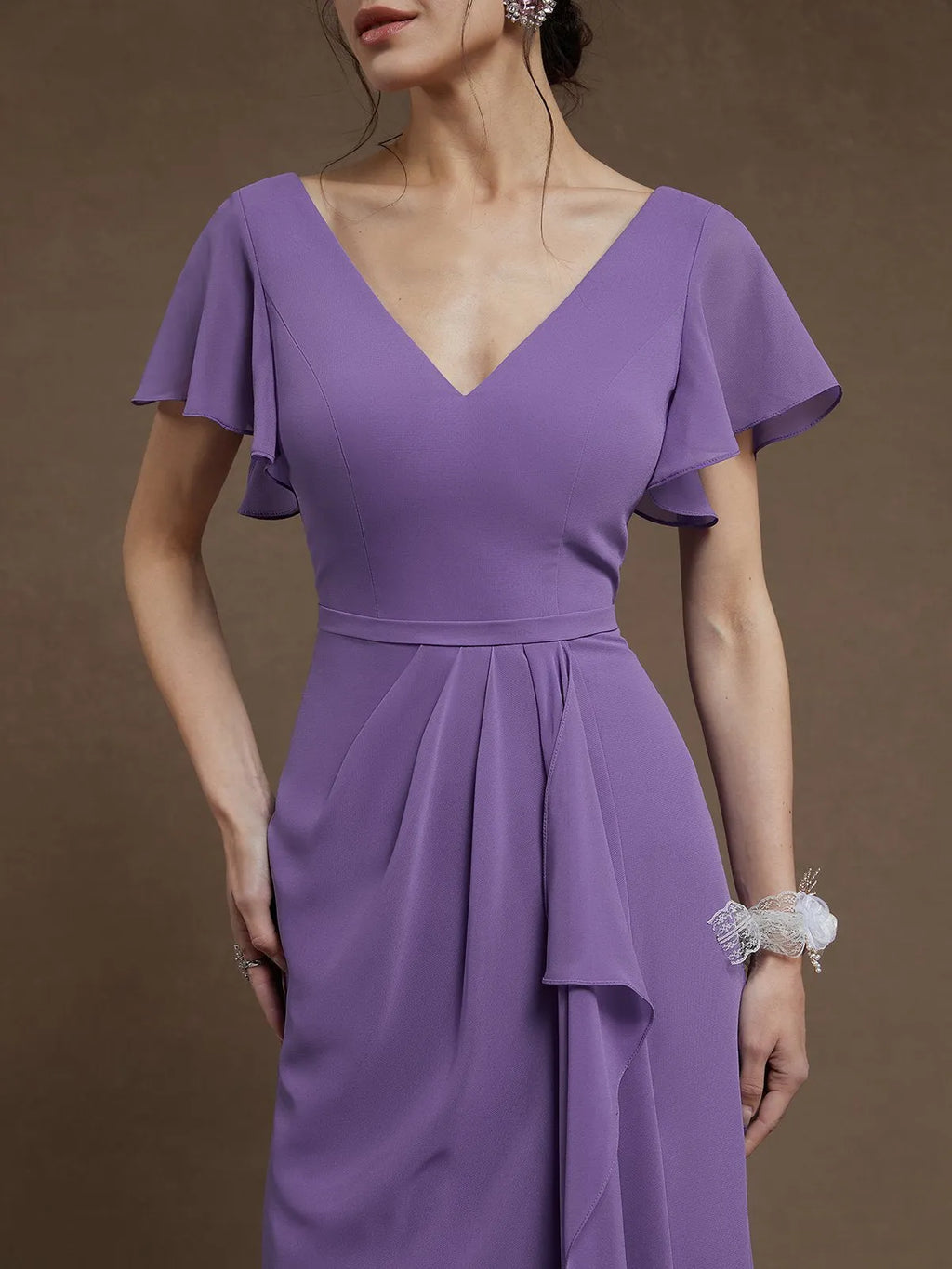 Purple Ruched V Neck Ruffle Sleeve A-Line Maxi Chiffon Bridesmaid Dress