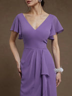 Purple Ruched V Neck Ruffle Sleeve A-Line Maxi Chiffon Bridesmaid Dress
