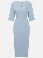 Light Blue Ruched Cotton Boat Neck Half Sleeve Sheath Midi Dress