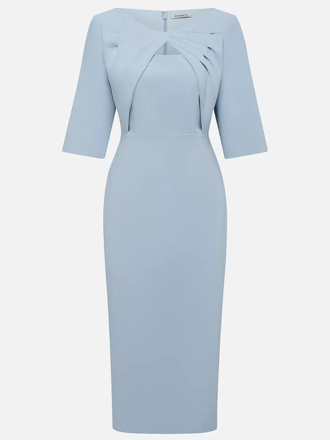 Light Blue Ruched Cotton Boat Neck Half Sleeve Sheath Midi Dress