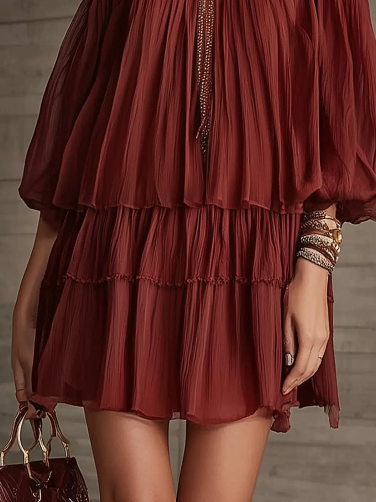 Burgundy Off-Shoulder Tiered Mini Dress With Puff Sleeves