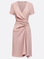 Pink Irregular Craftsmanship Ruched A-Line Short Sleeve Midi Dress