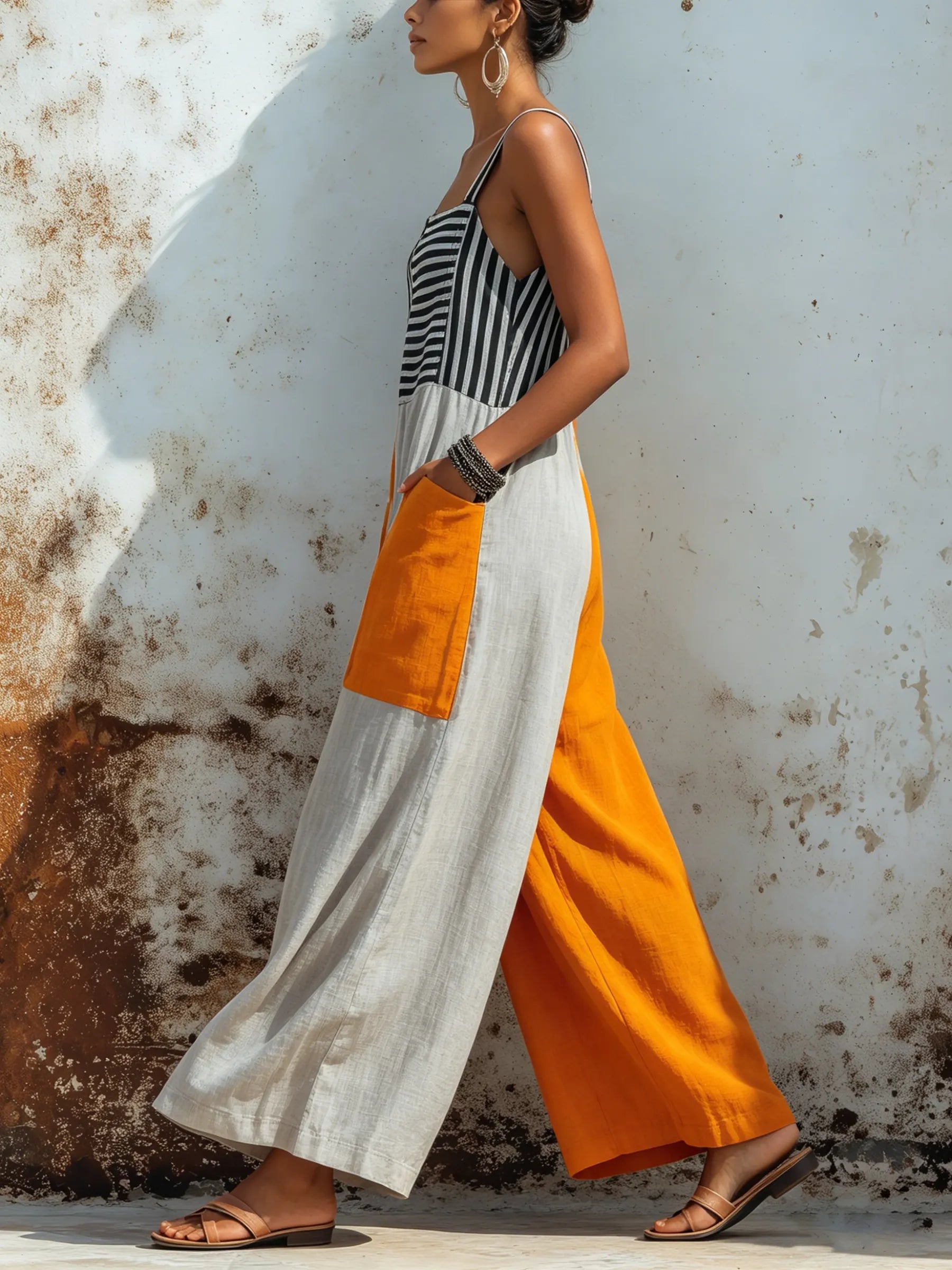 Bold Color-Block Linen-Blend Wide-Leg Jumpsuit With Patch Pockets