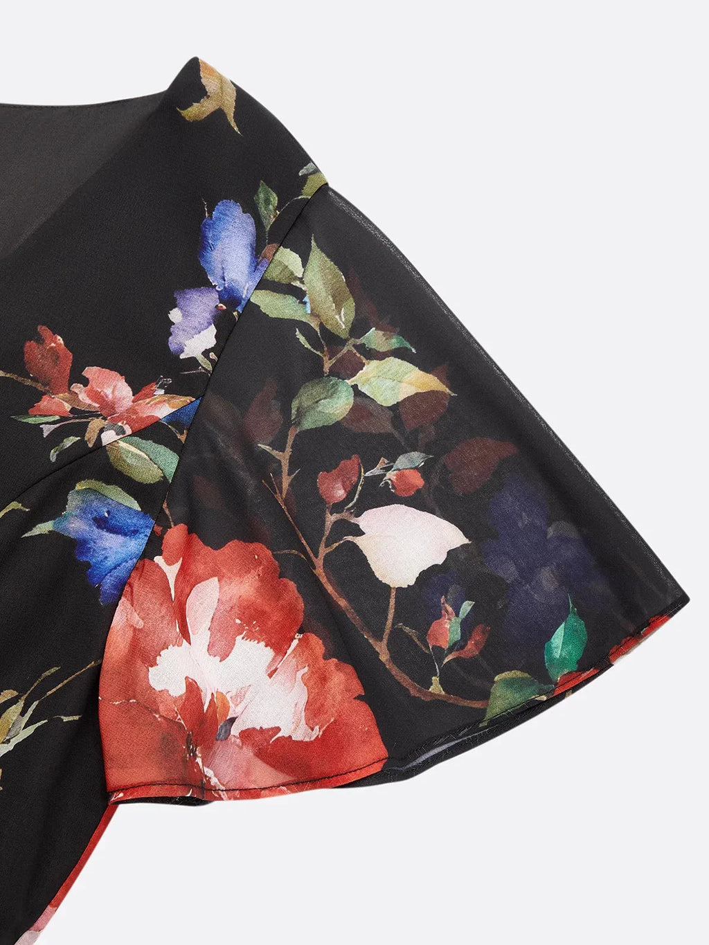 Black Floral Chiffon V Neck Short Sleeve Bell Sleeve A-Line Midi Dress