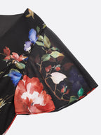Black Floral Chiffon V Neck Short Sleeve Bell Sleeve A-Line Midi Dress
