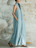 Dusty Blue Linen Blend Sleeveless Maxi Dress