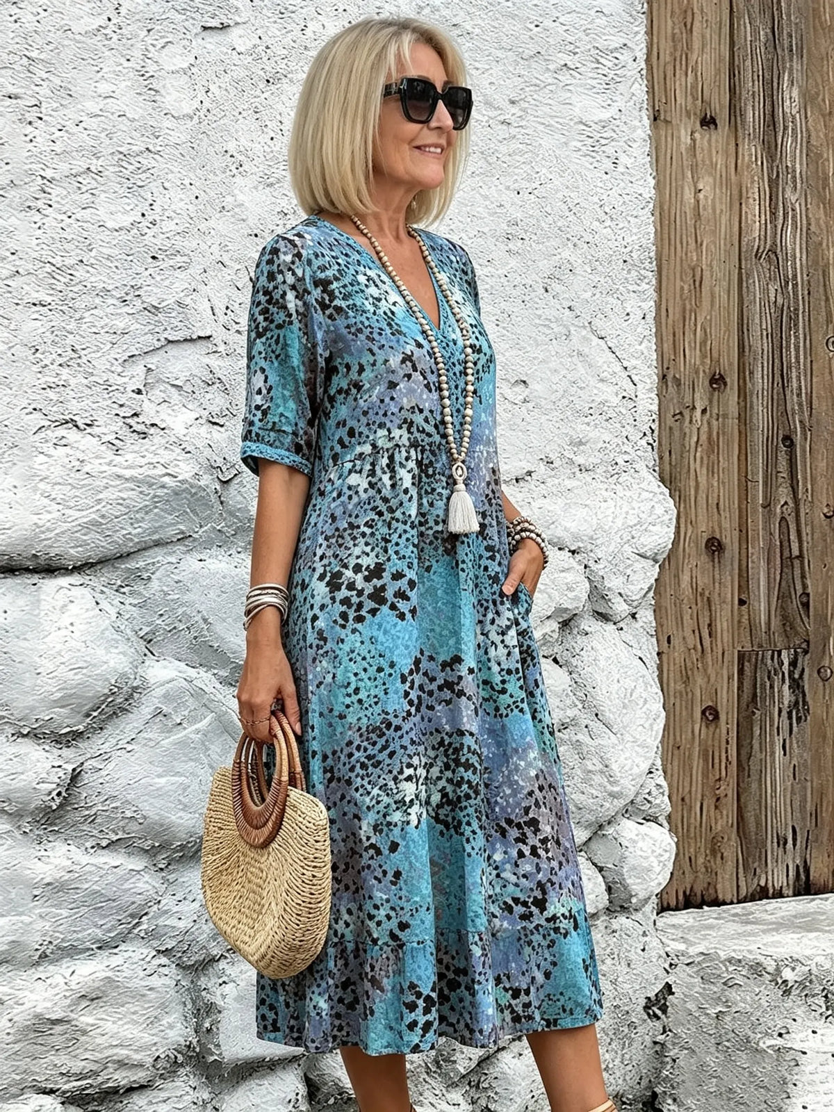 Vacation DRESS Women's Short Sleeve Summer Leopard Lace Dress V Neck Daily Going Out Casual Knee Length A-Line Khaki