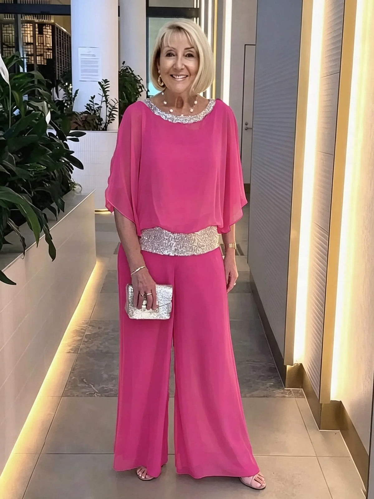2Pcs Shine Bright Pink Gorgeous Outfit with Sequins Wedding Tunic Party Suit  Chiffon Opaque Soft Fabric Two Piece Set