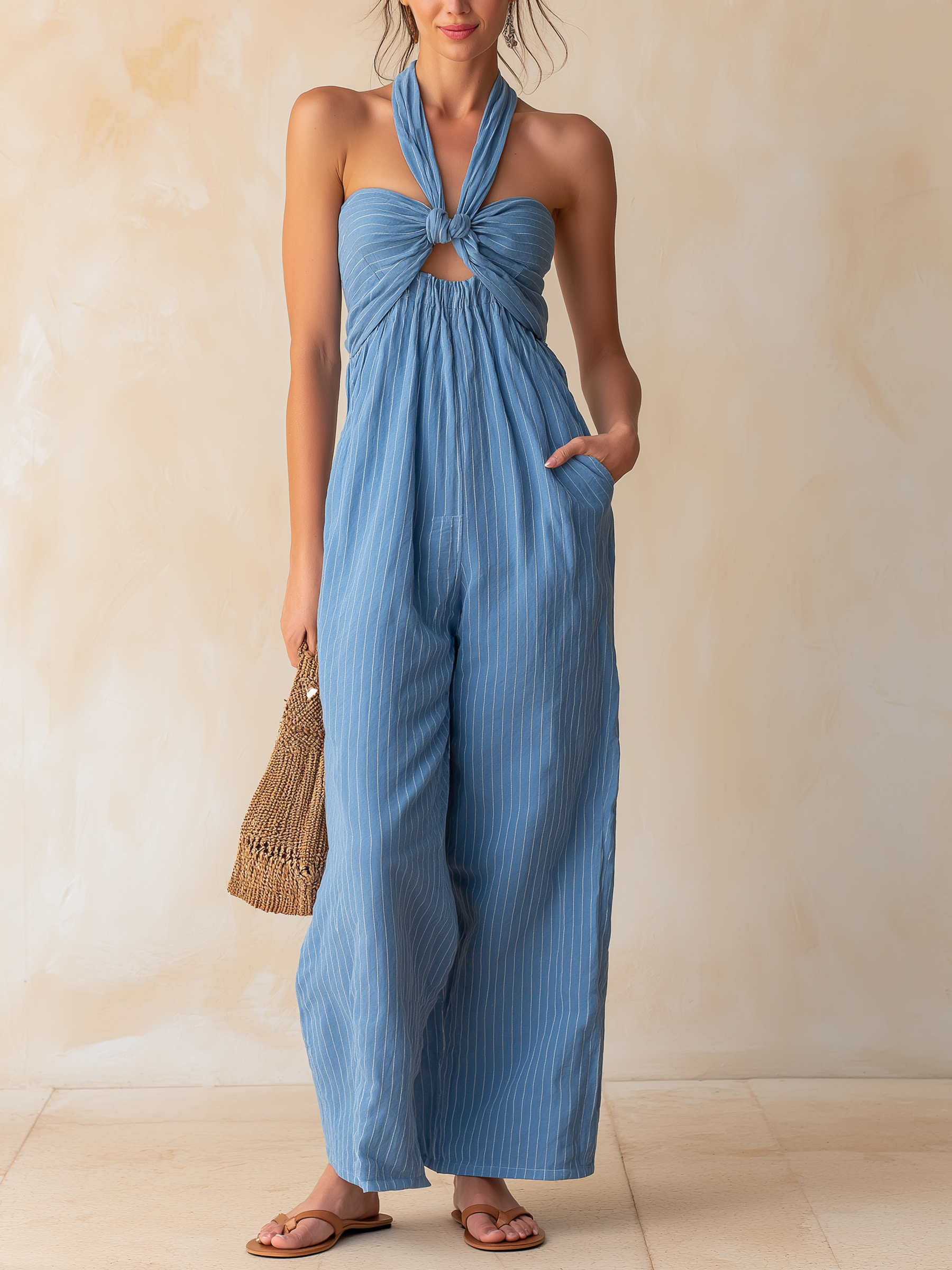 Blue Pinstripe Halter Neck Wide-Leg Jumpsuit With Keyhole Cutout