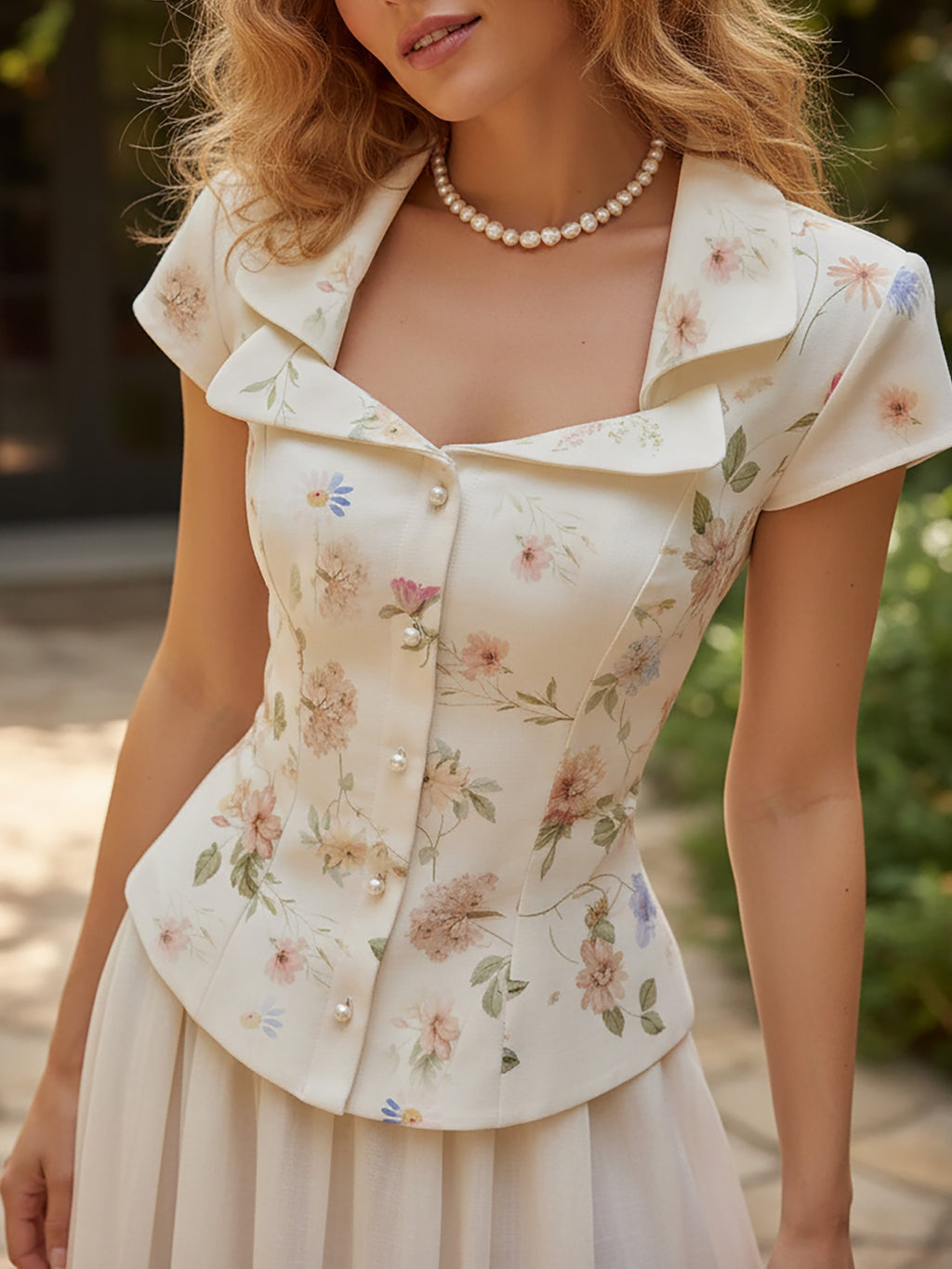 Linen Shirt, Short Sleeves, Shawl Collar, Floral, Button Design, Vintage, Creme light