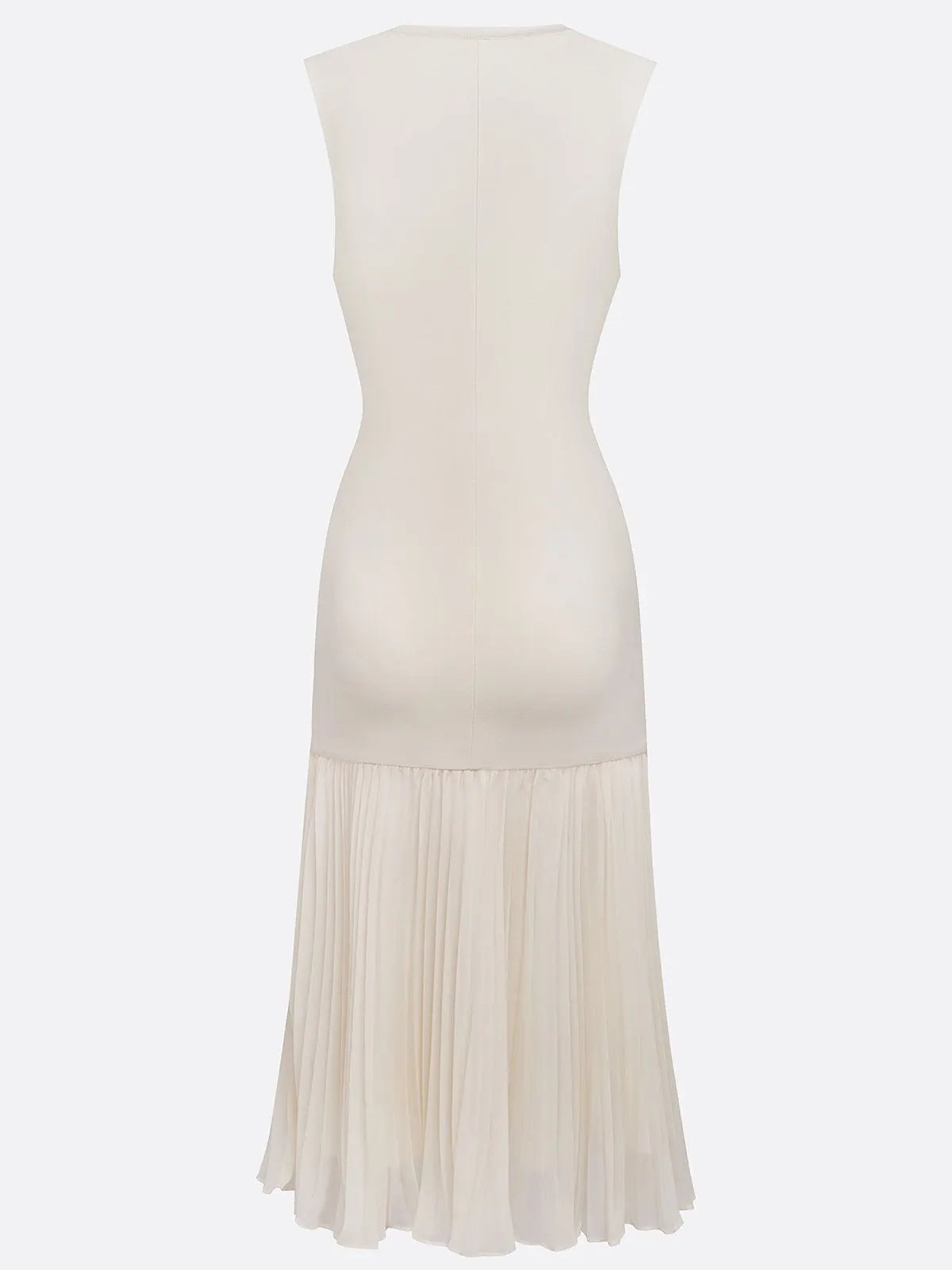 Beige Pleated Knit Crew Neck Sleeveless A-Line Midi Jersey Dress