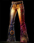 Women's autumn and winter star and moon embroidered contrast color stitching flared pants  51ac