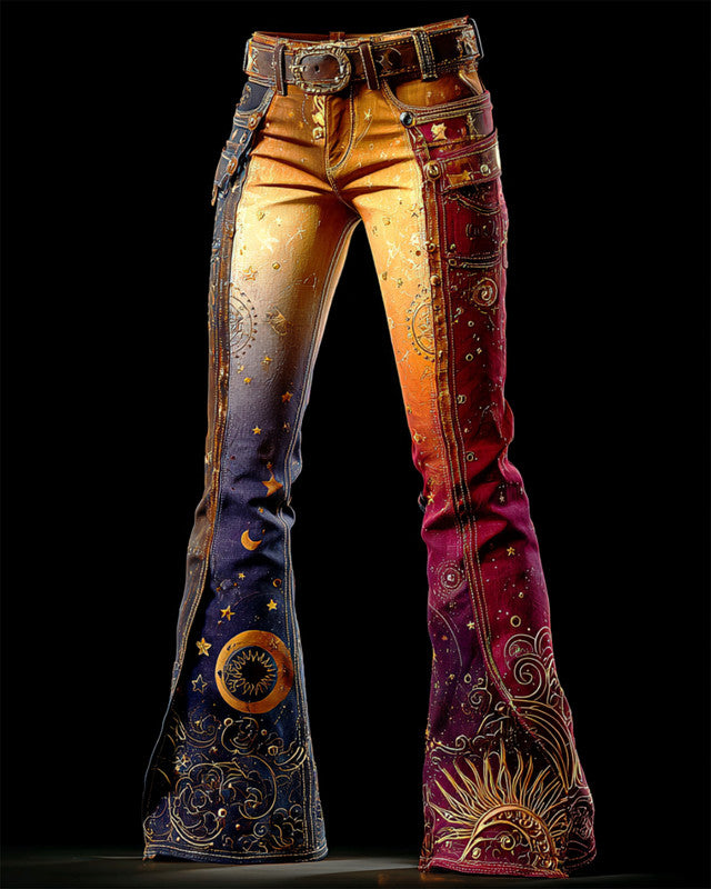 Women's autumn and winter star and moon embroidered contrast color stitching flared pants  51ac