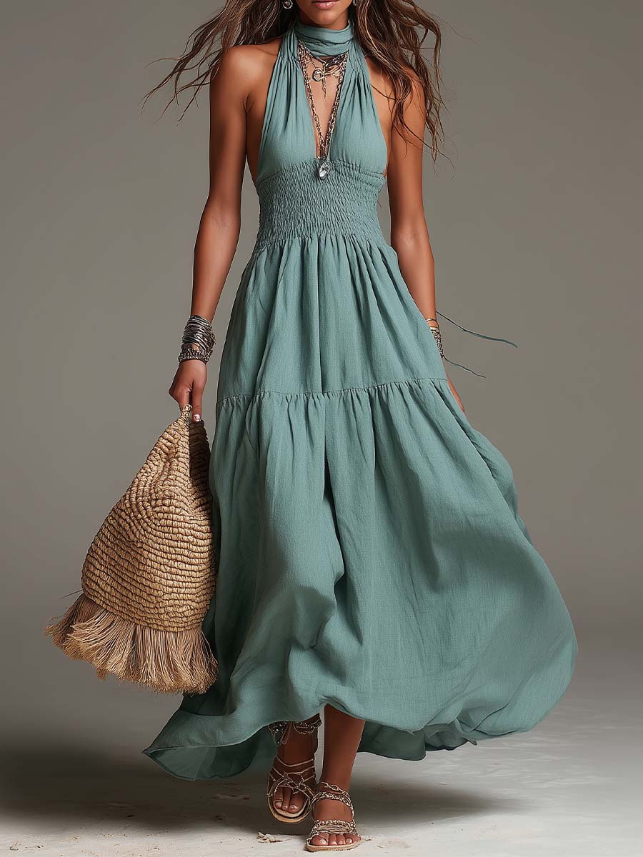 Bohemian Cotton-Linen Halter Smocked Tiered Maxi Dress