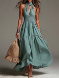 Bohemian Cotton-Linen Halter Smocked Tiered Maxi Dress