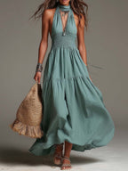 Bohemian Cotton-Linen Halter Smocked Tiered Maxi Dress