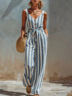 Casual Sleeveless Striped Linen-cotton Jumpsuit