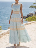 Maxi Linen Dress, Sleeveless, Floral, Lace, Vacation, Vintage, Blue