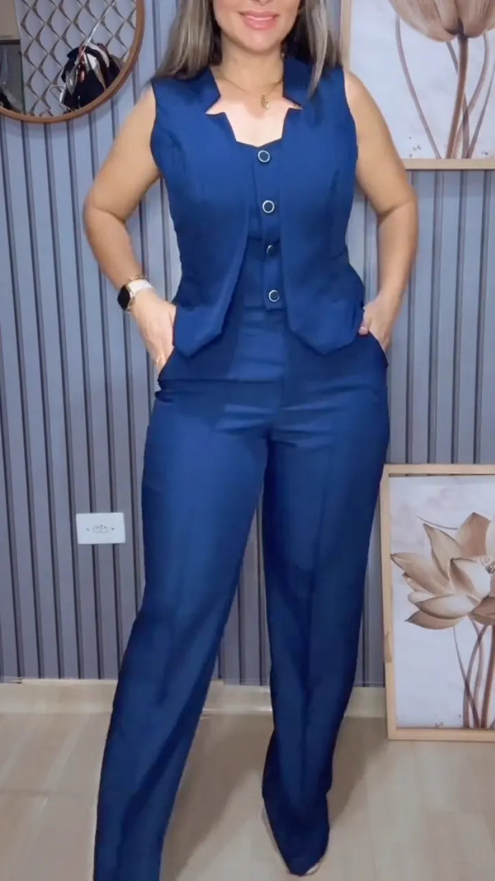 Sleeveless Vest & Wide Leg Pant Two‐Piece Suit