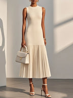 Beige Pleated Knit Crew Neck Sleeveless A-Line Midi Jersey Dress