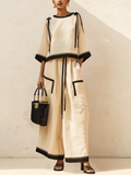 Beige Linen-Blend Contrast Trim Two-Piece Set