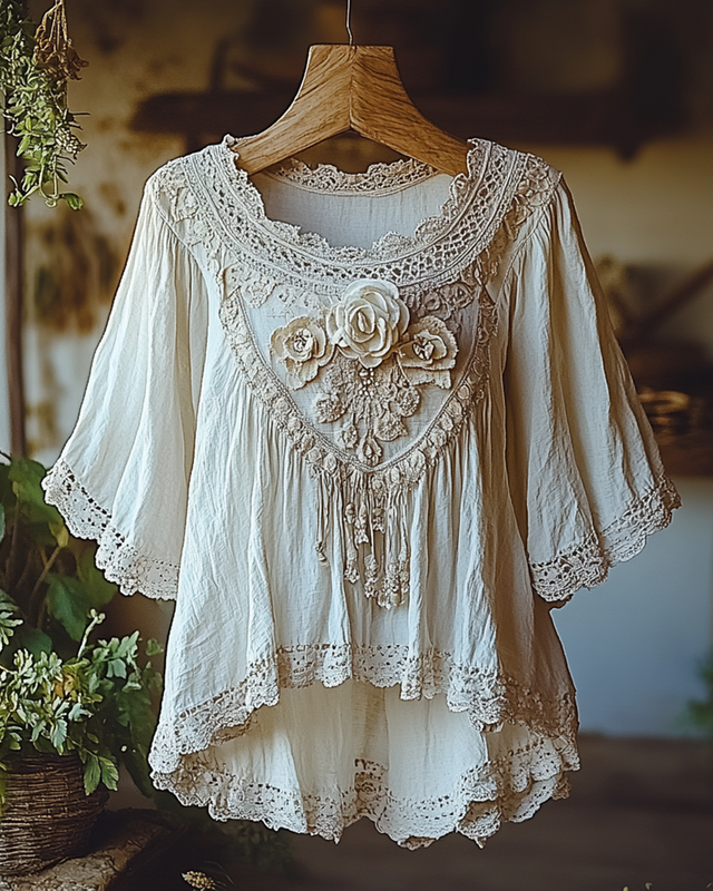 Summer Vacation Ruffle Lace Patchwork Top cc5a