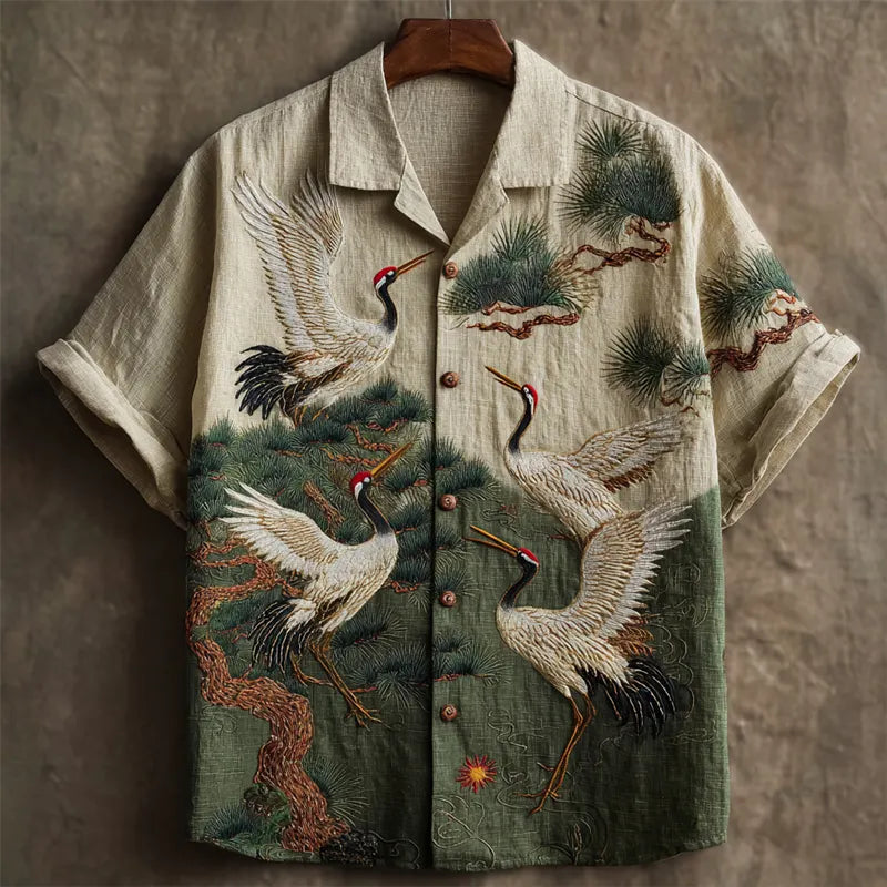 Japanese Cranes & Pine Trees Embroidered Contrast Linen Shirt