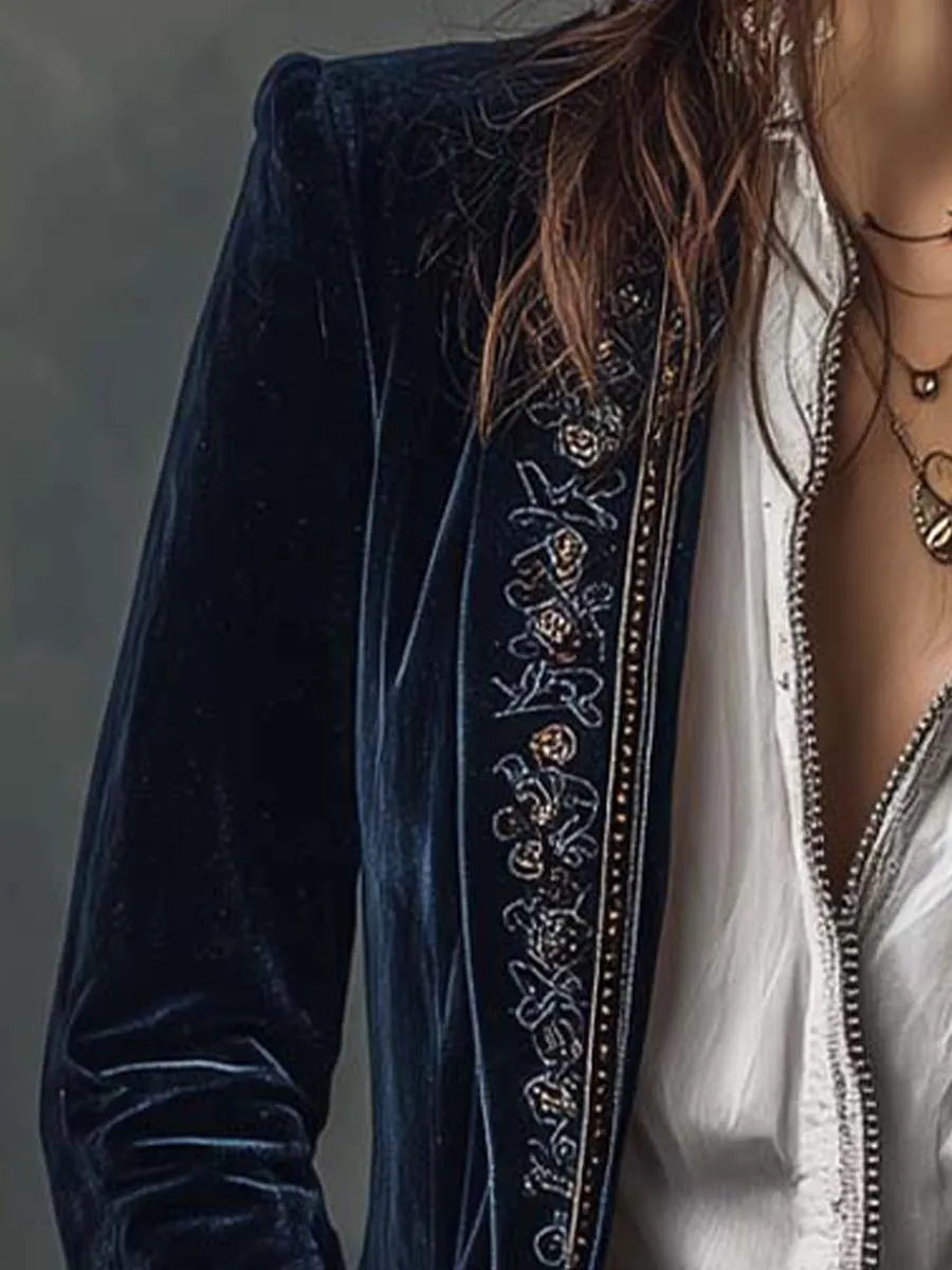 Vintage Navy Polyester Velvet Embroidered Long Jacket