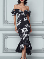 Black And White Floral Off-the-Shoulder Ruffled Midi Dress