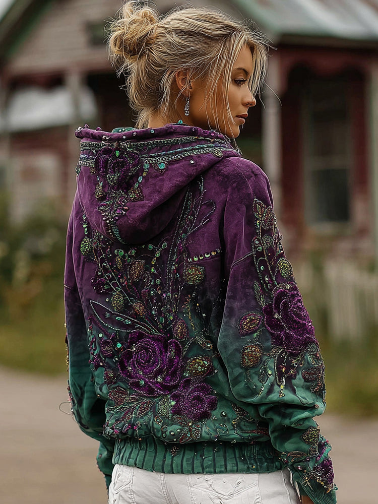 Women's Retro Purple Rose Gradient Pattern Casual Hoodie