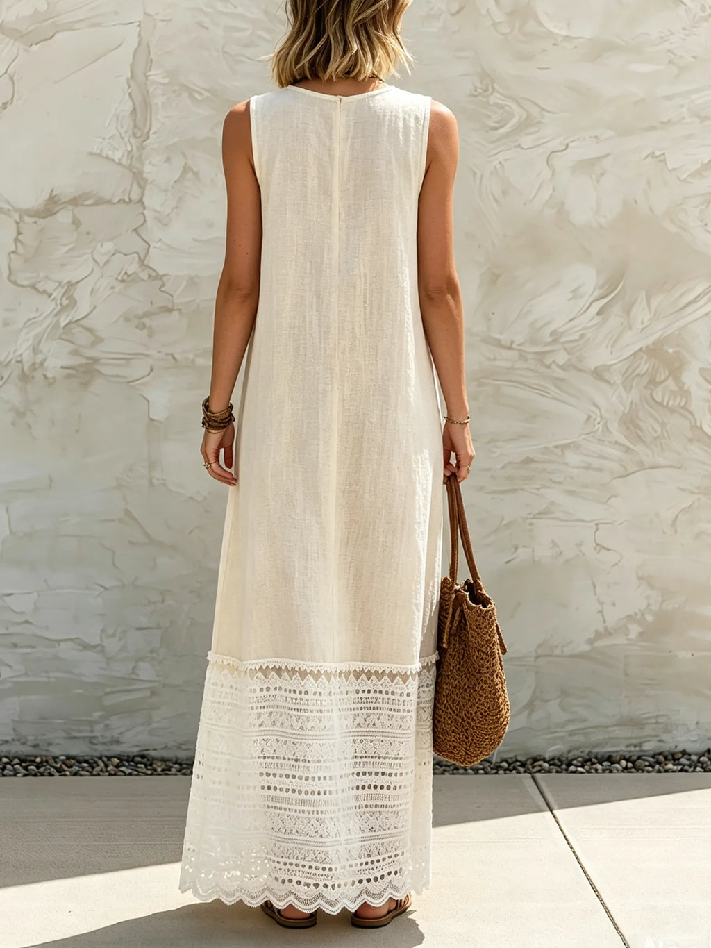 Beige Linen-Blend Sleeveless Lace Hem Maxi Dress