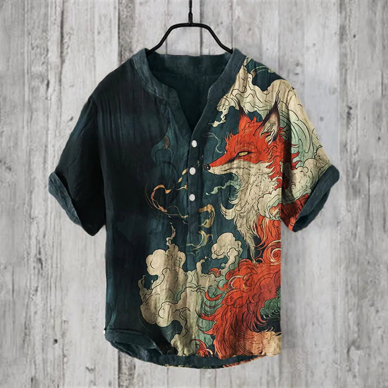 Men's Mythical Fox Japanese Art Linen Shirt