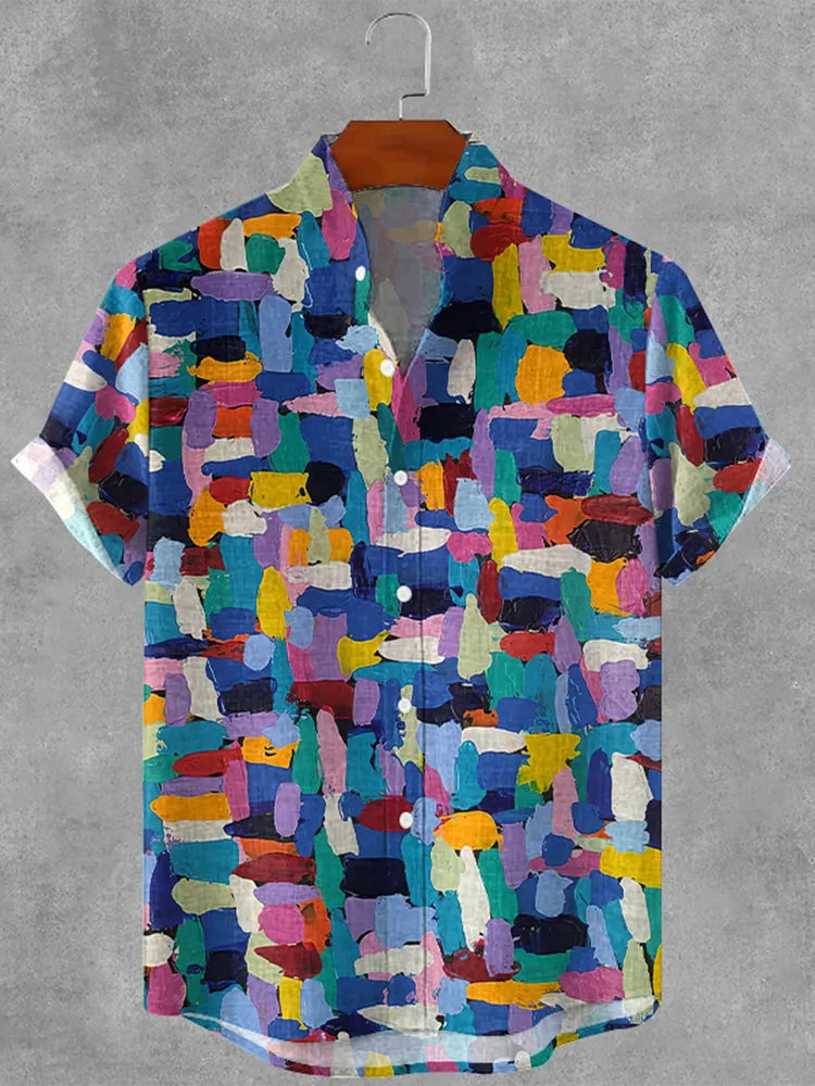 Retro Oil Painting Style Plaid Art Print Cotton And Linen Shirt